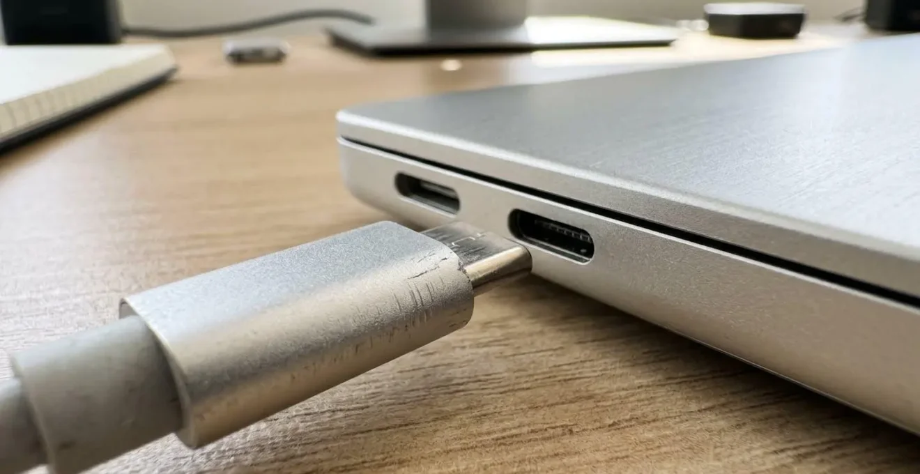 Gros plan détaillé d'un connecteur USB-C métallique en train d'être branché dans le port d'un ordinateur portable moderne, avec un arrière-plan flouté de bureau