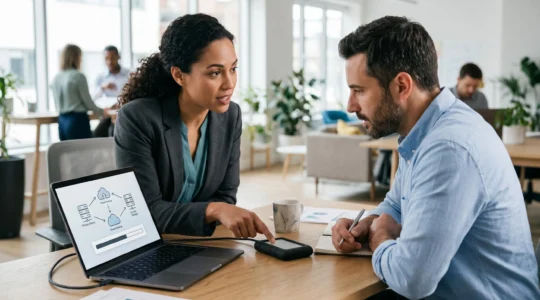 Deux professionnels dans un bureau moderne discutent d'une stratégie de sauvegarde, l'un montrant un disque dur externe posé sur le bureau à son collègue