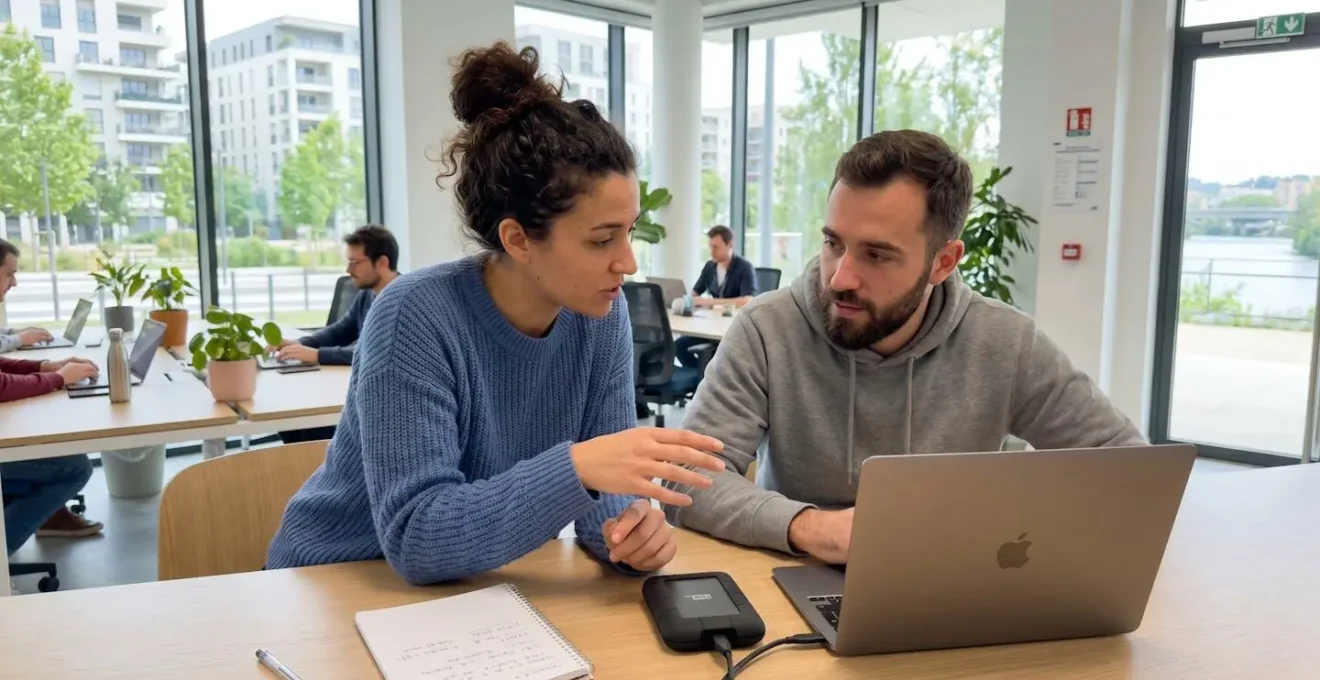 Deux professionnels dans un bureau moderne discutent d'une stratégie de sauvegarde, l'un montrant un disque dur externe posé sur le bureau à son collègue