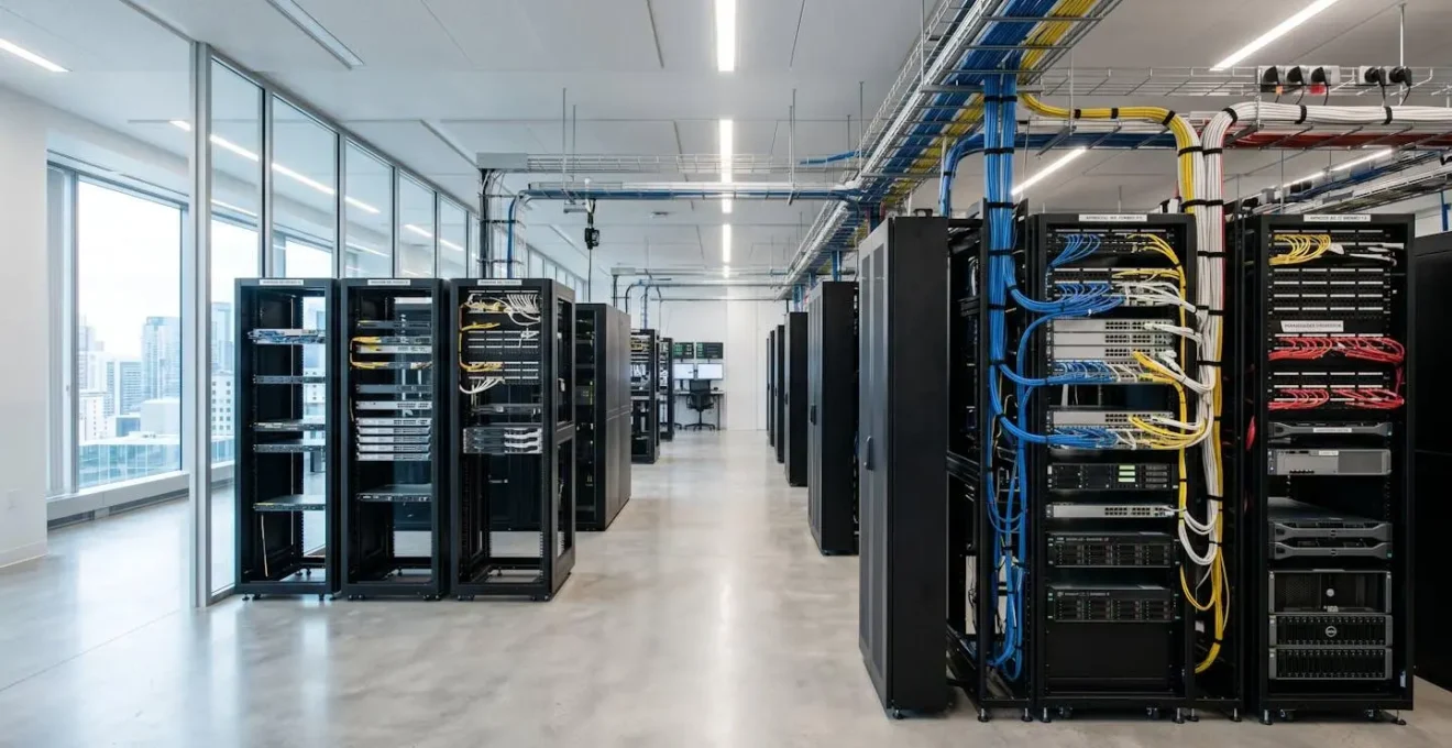 Vue grand angle d'une salle serveurs moderne avec rangées d'armoires réseau bien organisées, câblage structuré et éclairage LED professionnel, sans présence humaine