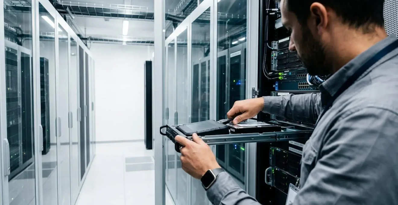 Technicien vu de dos en train de déconnecter un disque dur externe d'une armoire serveur dans un datacenter moderne, geste technique précis visible