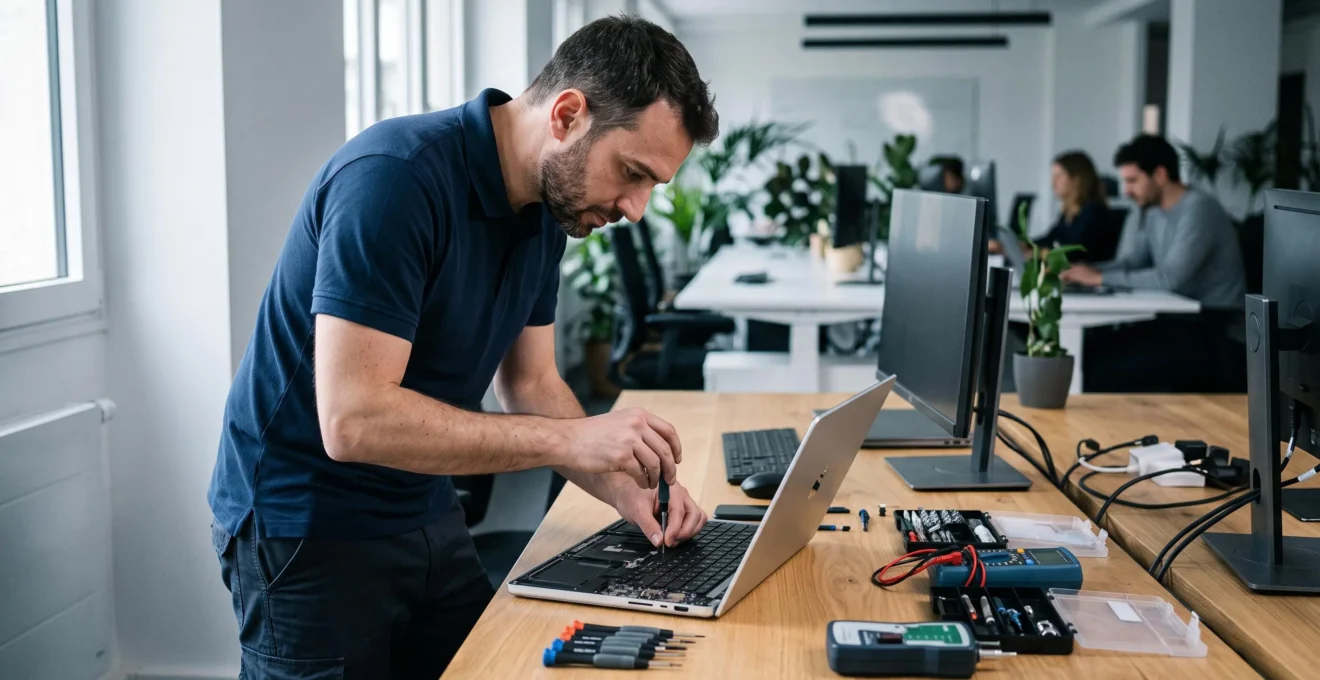 Technicien informatique professionnel effectuant un diagnostic sur ordinateur portable ouvert dans un bureau d'entreprise moderne, outils de réparation disposés sur le bureau