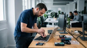 Technicien informatique professionnel effectuant un diagnostic sur ordinateur portable ouvert dans un bureau d'entreprise moderne, outils de réparation disposés sur le bureau