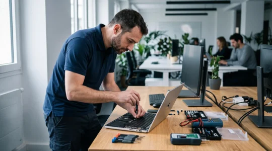 Technicien informatique professionnel effectuant un diagnostic sur ordinateur portable ouvert dans un bureau d'entreprise moderne, outils de réparation disposés sur le bureau