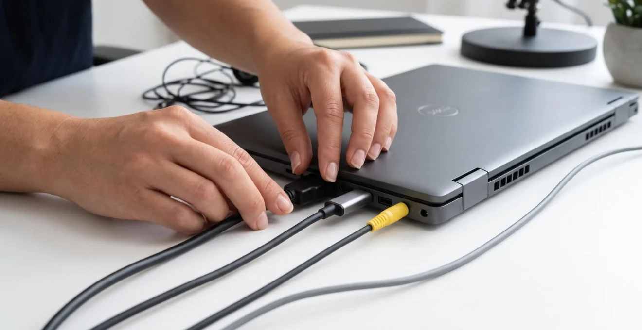 Mains vérifiant les ports de connexion arrière d'un ordinateur portable professionnel, avec câbles HDMI, USB-C et alimentation visibles sur un bureau blanc